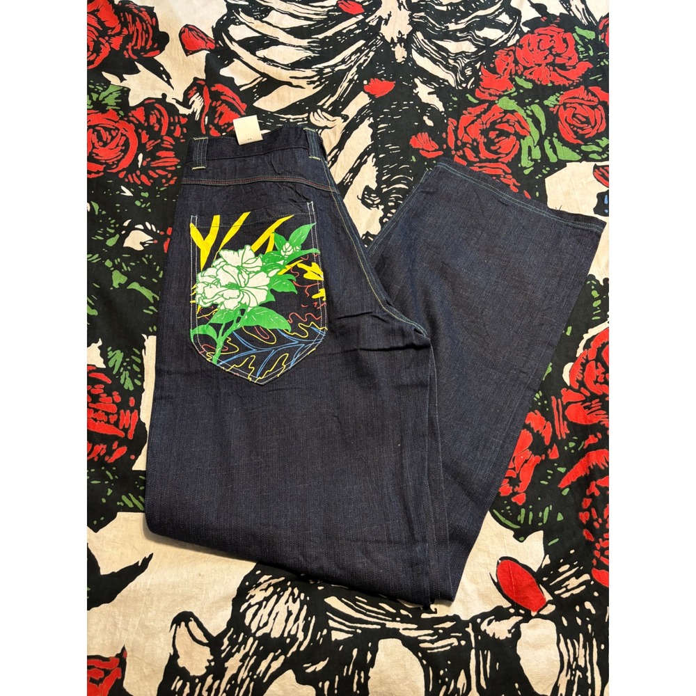Noiz Jeans Mens Wide Leg Denim Koi Fish Floral Embroidered Dark Wash 32x34 rare